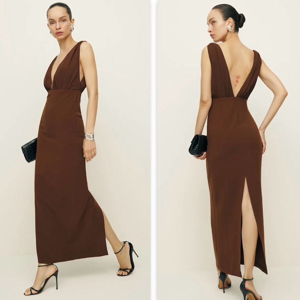 Reformation Chocolate Brown Deep V-Back Midi Dress